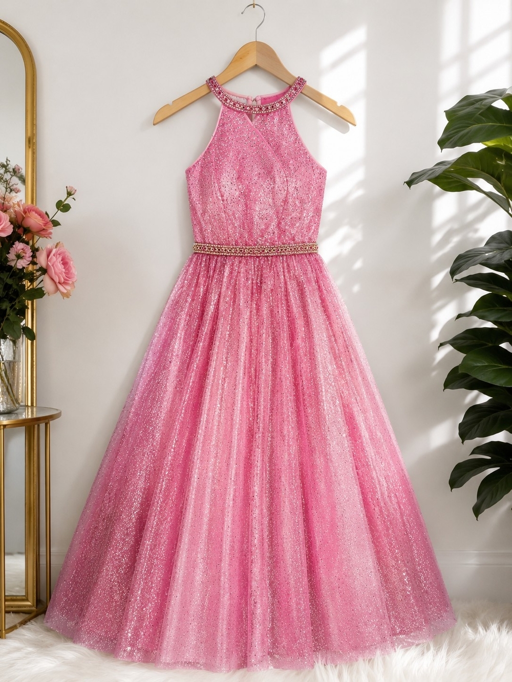 Women's Sparkly Pink Glitter Ball Gown Formal Sleeveless Princess Prom Evening